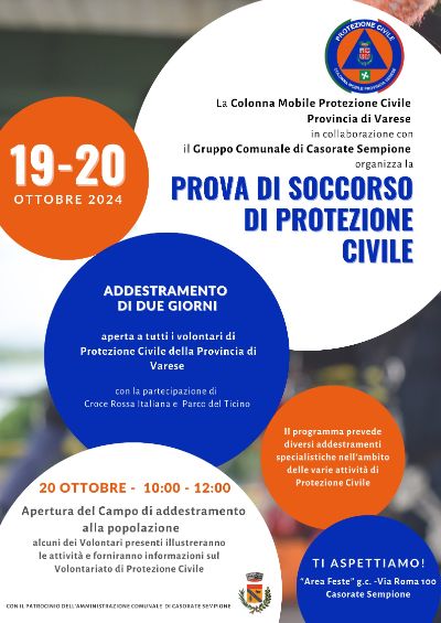 Locandina "Prova di soccorso di Protezione Civile" del 19 e 20 ottobre 2024